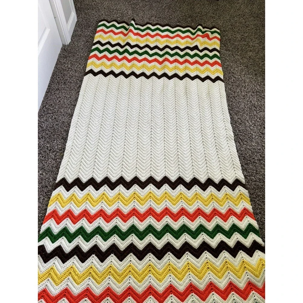 VTG Chevron Cream Orange Brown Green Yellow Crochet Knit Blanket Afghan 38 x 72
